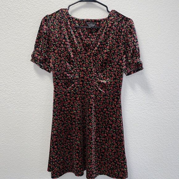 Topshop Petite Velvet floral Mini Dress Size 2 Grunge Whimsygoth Y2K 90's - Picture 4 of 8